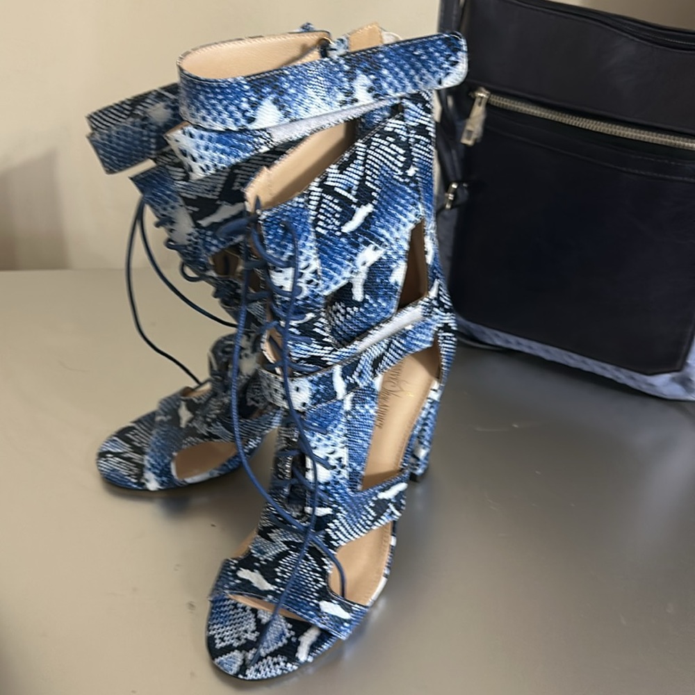 Blue Snake Lace Up Ankle Boots